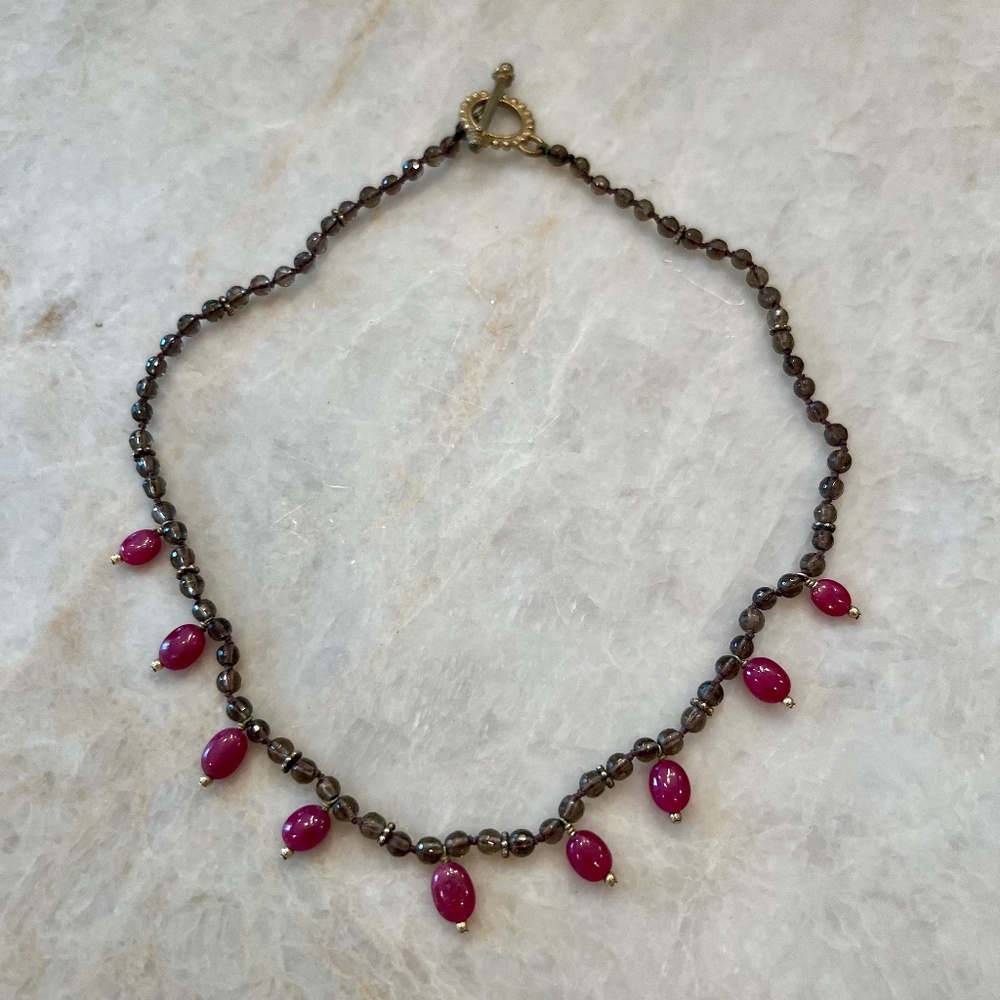 Topaz & Rubilite Gemstone Necklace | Delicate Fringe | Elegant